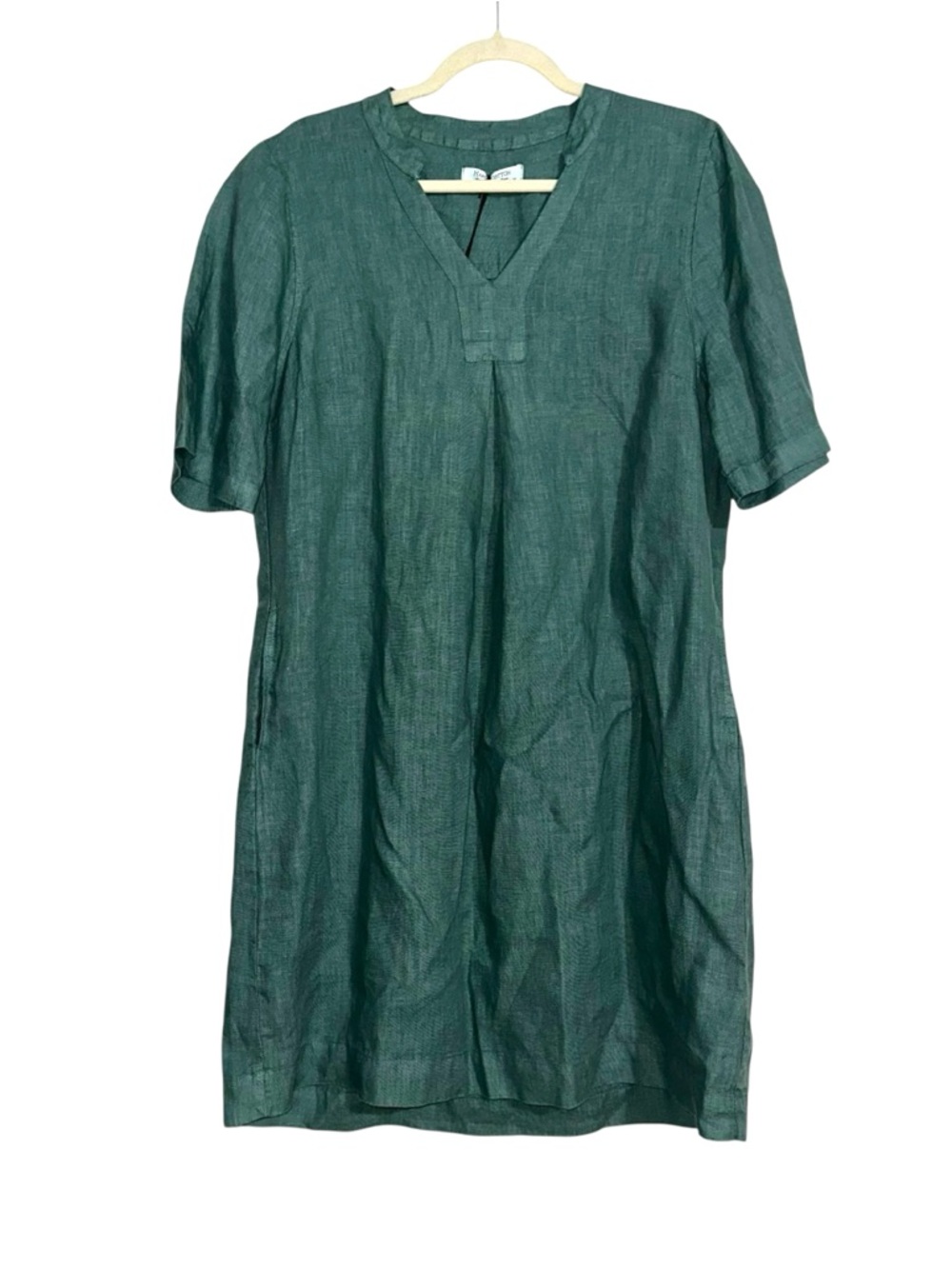 NWT Haris Cotton Linen Short Sleeve V-Neck Green Tunic Dress MEDIUM in Emerald